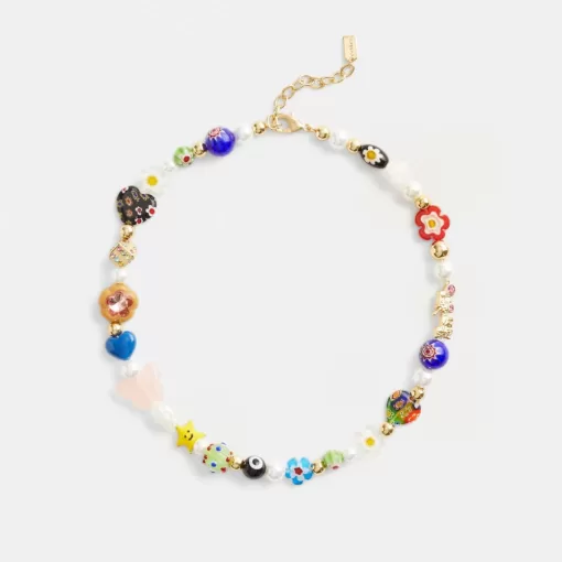 Coach Beaded Charm Necklace Jewelry Women Gold Multicolor