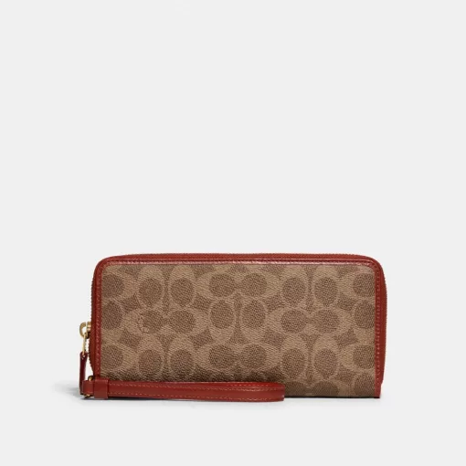 Coach Continental Wallet In Signature Canvas Large Wallet Women Brown Red