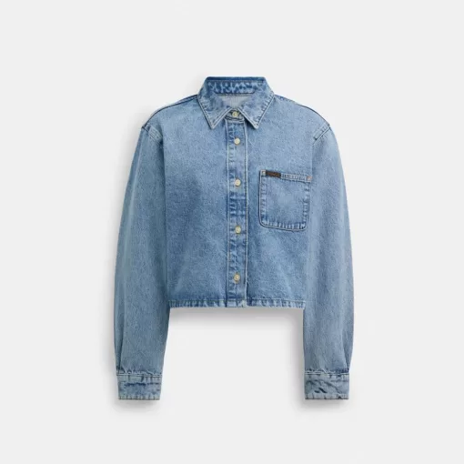 Coach Cropped Denim Button Down Tops Women Blue