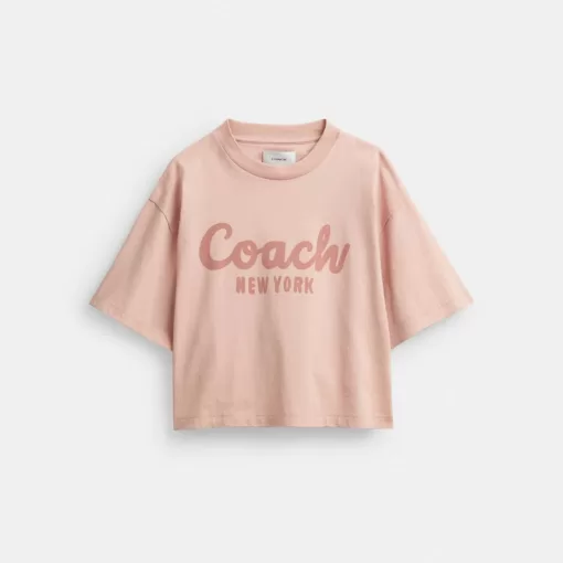 Coach Cursive Signature Cropped T Shirt Tops Women Pink