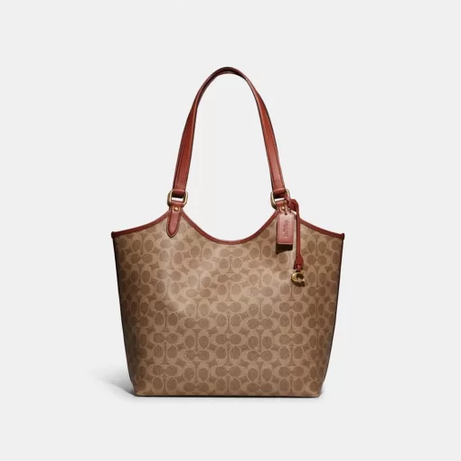 Coach Day Tote Bag In Signature Canvas Tote Bags Women Brown Red