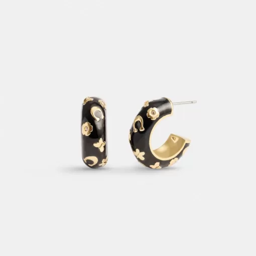 Coach Enamel Signature Floral Huggie Earrings Jewelry Women Gold Black