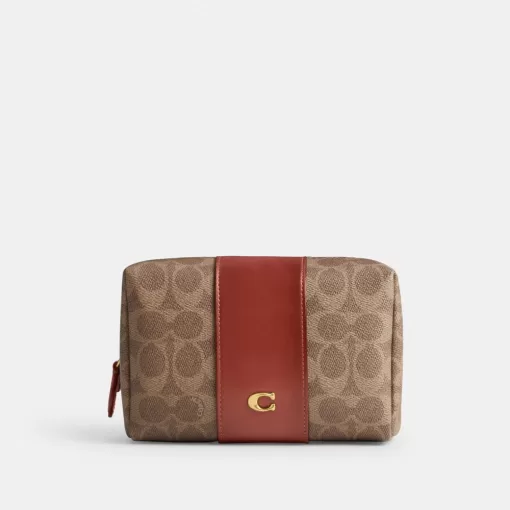 Coach Essential Cosmetic Pouch In Signature Canvas Travel Bag Women Brown Red