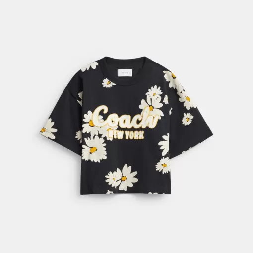 Coach Floral Cropped Signature Script T Shirt In Organic Cotton Tops Women Black