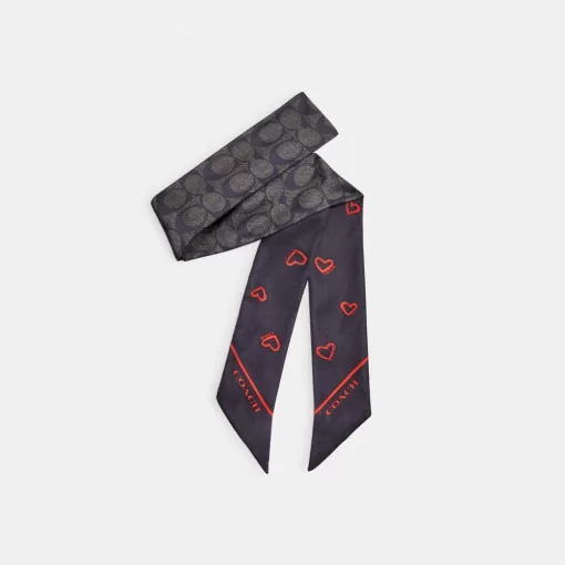 Coach Hearts Print Silk Skinny Scarf Women Black Red