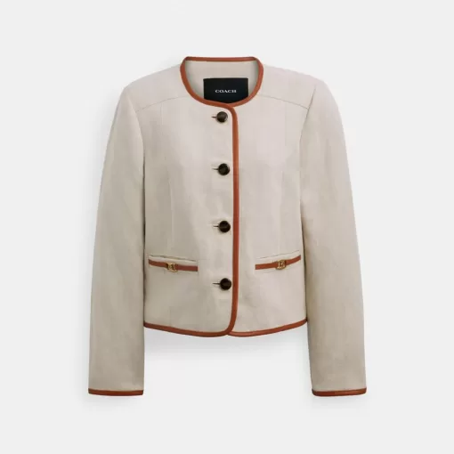 Coach Heritage C Canvas Cardigan Jacket With Leather Trim Jackets Women White