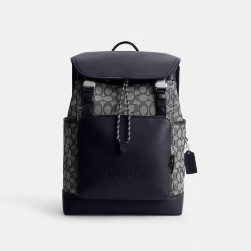 Coach League Flap Backpack In Signature Jacquard Backpacks Men Navy