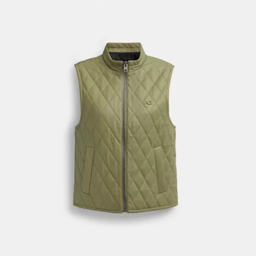 Coach Leather Quilted Vest Jackets Women Green