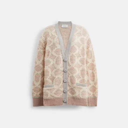 Coach Long Signature Cardigan Tops Women Pink Multicolor