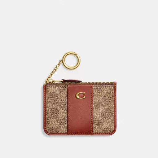 Coach Mini Skinny ID Case In Signature Canvas Card Case Women Brown Red