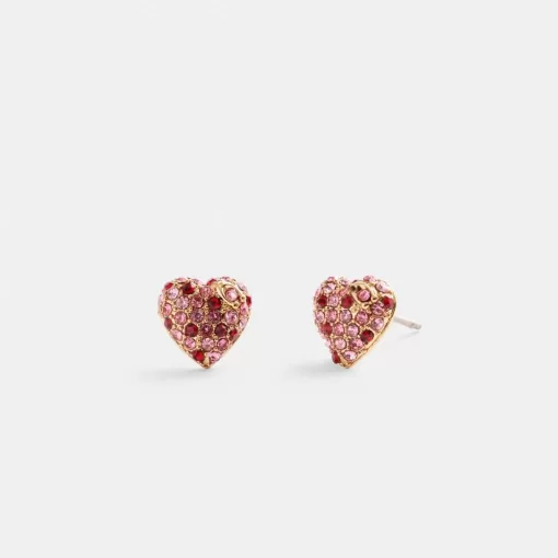 Coach Pave Heart Stud Earrings Jewelry Women Gold Pink Multicolor