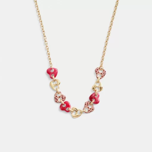 Coach Pave Hearts Chain Link Necklace Jewelry Women Gold Pink Multicolor