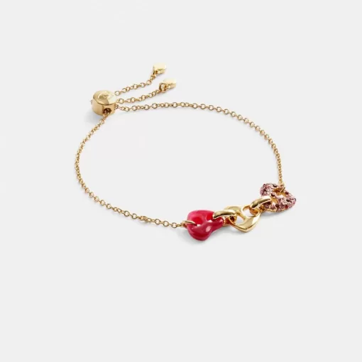 Coach Pave Hearts Chain Link Slider Bracelet Jewelry Women Gold Pink Multicolor