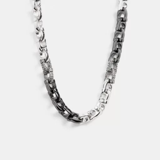 Coach Pave Signature Mixed Chain Necklace Jewelry Women Silver