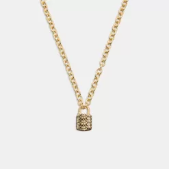 Coach Quilted Padlock Chain Necklace Jewelry Women Gold Black