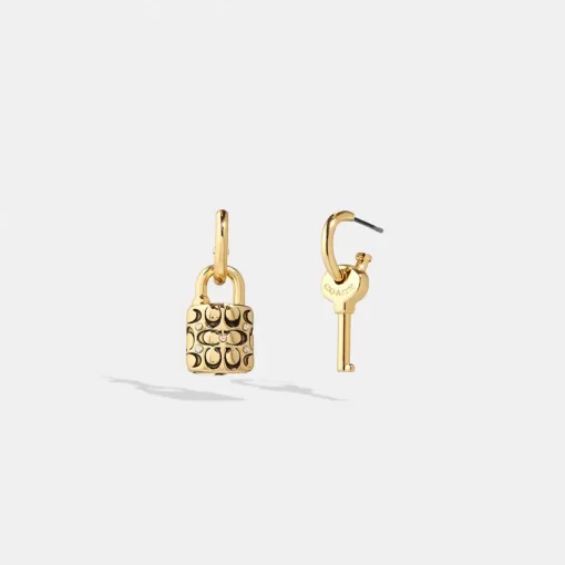 Coach Quilted Padlock Key Mismatch Earrings Jewelry Women Gold Black