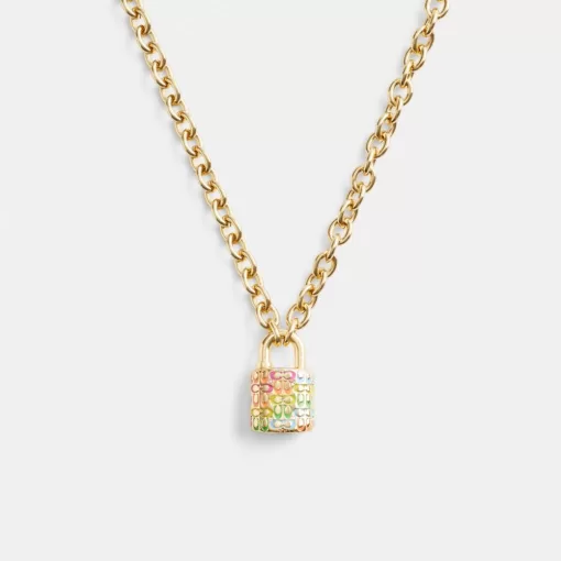 Coach Rainbow Quilted Padlock Chain Necklace Jewelry Women Gold Multicolor