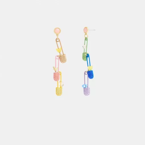 Coach Safety Pin Charm Drop Earrings Jewelry Women Gold Multicolored