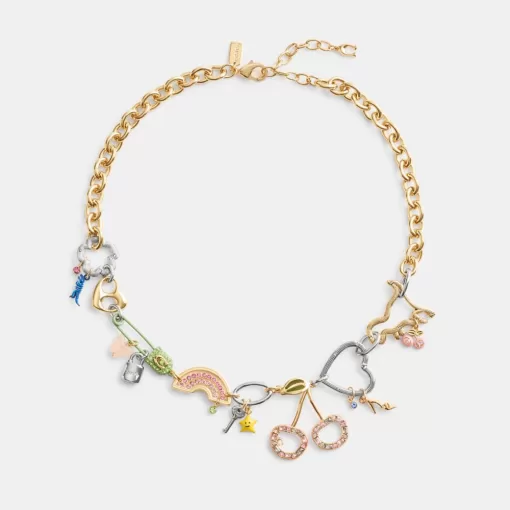 Coach Safety Pin Charm Necklace Jewelry Women Gold Multicolored