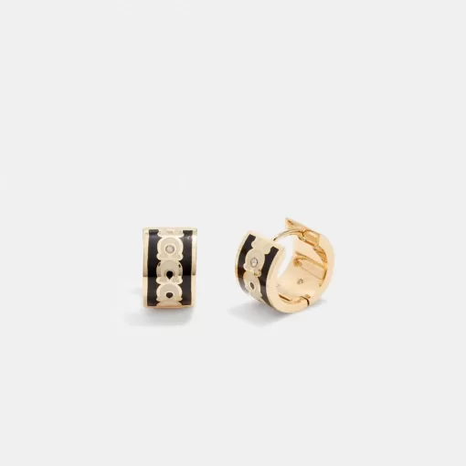 Coach Signature Enamel Hoop Earrings Jewelry Women Gold Black