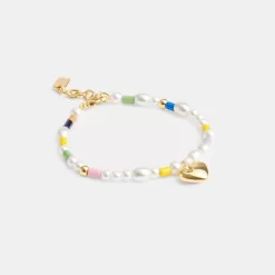 Coach Signature Heart Beaded Pearl Bracelet Jewelry Women Gold Multicolor