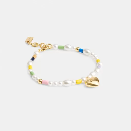 Coach Signature Heart Beaded Pearl Bracelet Jewelry Women Gold Multicolor