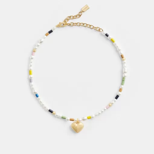 Coach Signature Heart Beaded Pearl Choker Necklace Jewelry Women Gold Multicolor