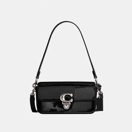 Coach Studio Baguette Bag With Sequins Shoulder Bag Women Silver Black