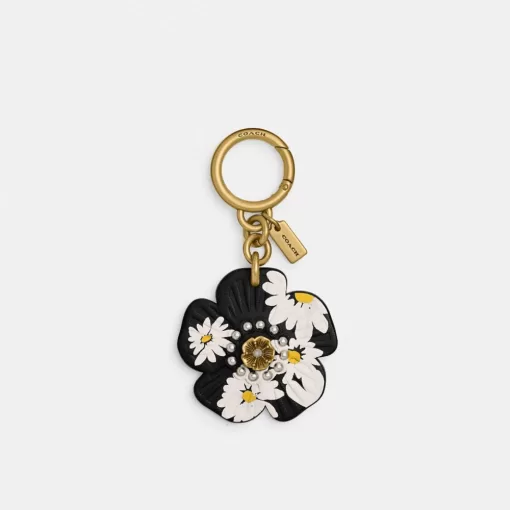 Coach Tea Rose Bag Charm With Floral Print Jewelry Women Black Multicolor