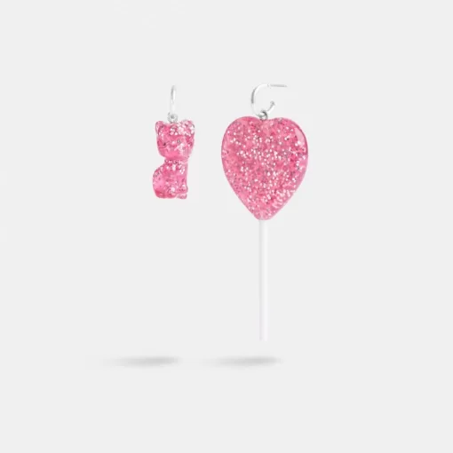 Coach The Lil Nas X Drop Cat And Heart Lollipop Mismatch Earrings Jewelry Women Silver Pink